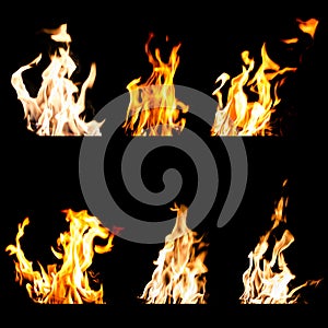 Set of fire flames isolated black background