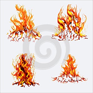 Set of fire flames isolated on a white background. Vector illustration.