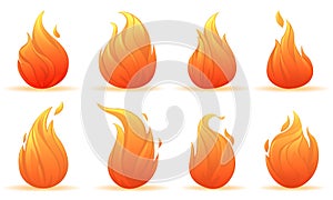 Set of fire flames of red-hot campfires of different shapes isolated on white background