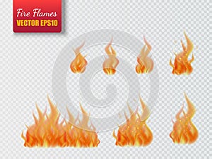 Set of fire flames on transparent background. Vector illustration