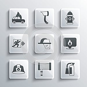 Set Fire hose reel, extinguisher, Location with fire flame, Firefighter helmet, exit, Burning car and hydrant icon