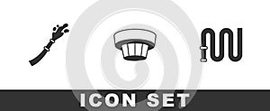 Set Fire hose reel, Smoke alarm system and icon. Vector