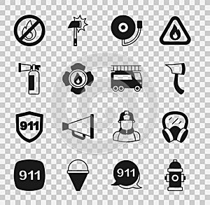 Set Fire hydrant, Gas mask, Firefighter axe, Ringing alarm bell, extinguisher, No fire and truck icon. Vector