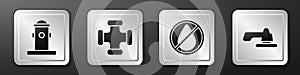 Set Fire hydrant, Industry metallic pipe, Water drop forbidden and Water tap icon. Silver square button. Vector