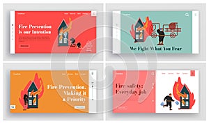 Set of Fire rescue Department Landing Page. Fireman Fighter Team with Equipment, Truck, Hydrant, Extinguisher