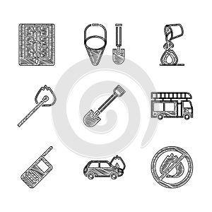 Set Fire shovel, Burning car, No fire, truck, Walkie talkie, match with, Bucket extinguishing and Evacuation plan icon