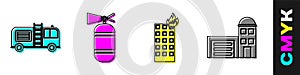 Set Fire truck, Fire extinguisher, Fire in burning building and Building of fire station icon. Vector