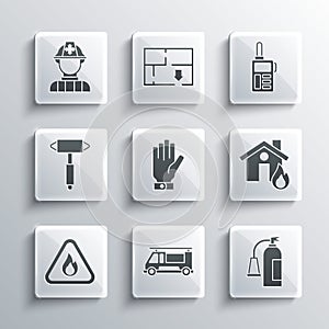 Set Fire truck, extinguisher, burning house, Firefighter gloves, flame triangle, axe, and Walkie talkie icon. Vector