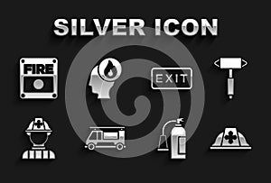 Set Fire truck, Firefighter axe, helmet, extinguisher, exit, alarm system and icon. Vector