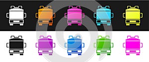 Set Fire truck icon isolated on black and white background. Fire engine. Firefighters emergency vehicle. Vector