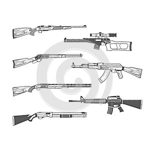 Set of firearms, shotgun, m16 rifle and hunt handgun, guns and weapons in graphic style