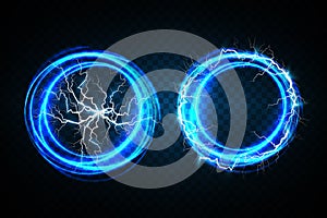 Set of Fireballs on a transparent dark blue background. Vector illustration, abstract electric lightning strike in the