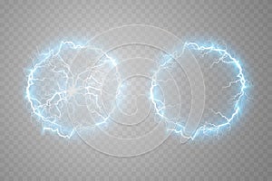 Set of fireballs on a transparent light blue background. Vector illustration, abstract electric lightning. Light flash