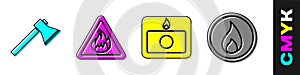 Set Firefighter axe, Fire flame in triangle, Fire alarm system and Fire flame icon. Vector