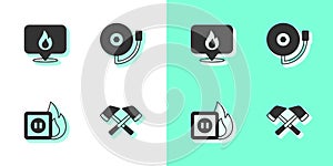 Set Firefighter axe, Location with fire flame, Electric wiring of socket in and Ringing alarm bell icon. Vector