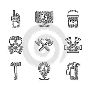 Set Firefighter axe, Location with fire flame, extinguisher, hydrant, Hammer, Gas mask, bucket and Walkie talkie icon