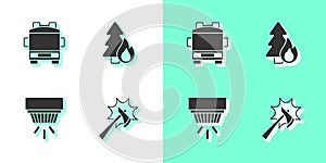 Set Firefighter axe, truck, Smoke alarm system and Burning forest tree icon. Vector