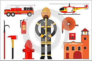 Set of firefighter elements. Fireman in uniform, helicopter, fire engine, extinguisher, axe, hook, hose, fire department