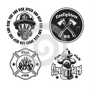 Set of firefighter emblems, labels, badges, logos. Isolated on white
