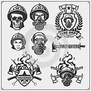 Set of firefighter emblems, labels and design elements.