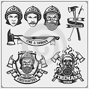 Set of firefighter emblems, labels and design elements.