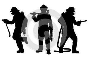 Set of firefighter with equipment silhouette vector