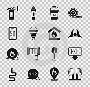 Set Firefighter gloves, exit, helmet, bucket, cone, Mobile emergency call 911, extinguisher and burning house icon