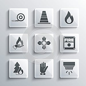 Set Firefighter gloves, Smoke alarm system, Burning forest tree, Hand holding fire, hose reel and flame icon. Vector