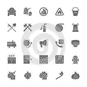 Set of Firefighter Grey Icons. Fireman, Evacuation Plan, Hydrant and more.