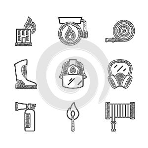 Set Firefighter helmet, Burning match with fire, hose reel, Gas mask, extinguisher, boots, and burning building icon