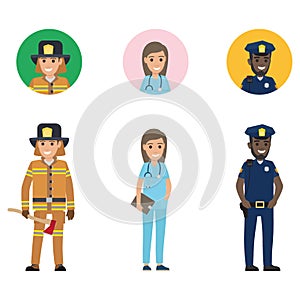 Set of Firefighter, Medical Adviser and Policeman