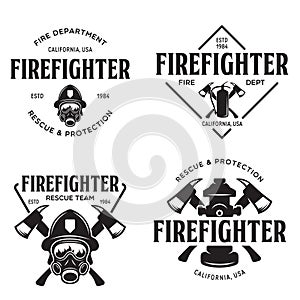 Set of firefighter volunteer, rescue team emblems, labels, badges and logos in monochrome style