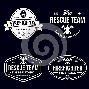 Set of firefighter volunteer, rescue team emblems, labels, badges and logos in monochrome style