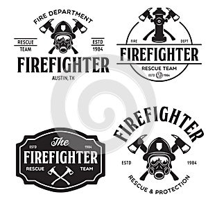 Set of firefighter volunteer, rescue team emblems, labels, badges and logos in monochrome style