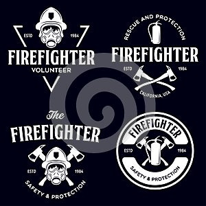 Set of firefighter volunteer, rescue team emblems, labels, badges and logos in monochrome style