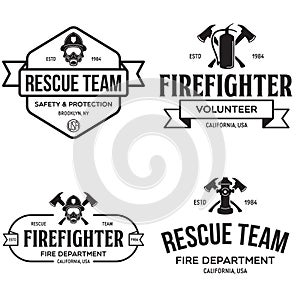 Set of firefighter volunteer, rescue team emblems, labels, badges and logos in monochrome style