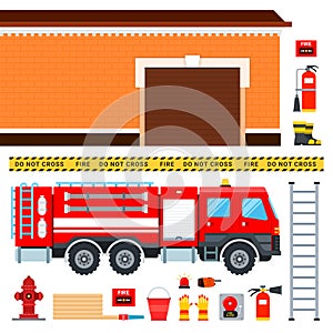 Set of firefighters truck, fireman outfit and garage vector illustration in a flat design.