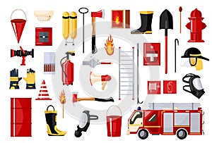 Set of fireman on white background. fire fighting vehicle and hydrant, helmet, hose, extinguisher, ladder, gas mask. Flat style