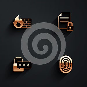 Set Firewall, security wall, Document and lock, Cyber and Fingerprint icon with long shadow. Vector