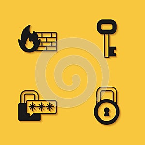 Set Firewall, security wall, Lock, Cyber and Old key icon with long shadow. Vector