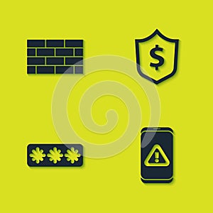 Set Firewall, security wall, Mobile with exclamation mark, Password protection and Shield dollar icon. Vector