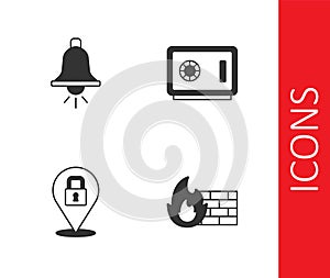 Set Firewall, security wall, Ringing alarm bell, Lock and Safe icon. Vector