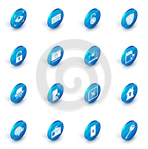 Set Firewall, security wall, Safe combination lock wheel, Shield with cyber brick, Open padlock, Paper shredder