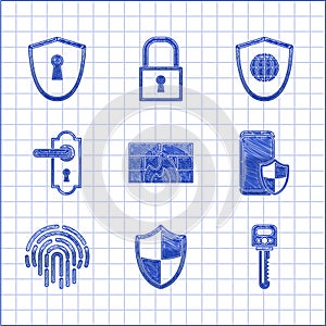 Set Firewall, security wall, Shield, Key, Smartphone with shield, Fingerprint, Door handle, world globe and keyhole icon