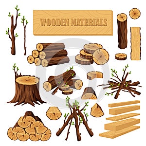 Set of firewood materials for lumber industry isolated on white background. Collection of wood logs stubs tree trunk photo