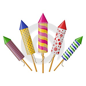 Set of firework rockets isolated on white background. Collection of firecracker for party. Pyrotechnic colorful icon set