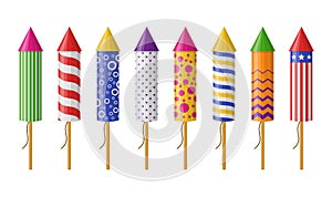 Set of firework rockets isolated on white background. Collection of firecracker for party. Pyrotechnic colorful icon set