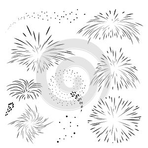 Set fireworks in black outline.