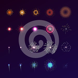 Set of fireworks bursting in sky. Collection of festive bright colored flashing lights. Bundle of celebratory design