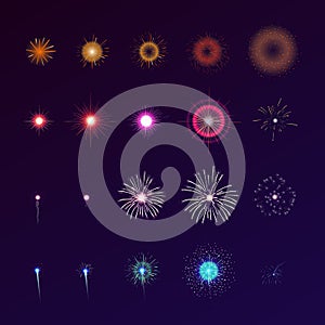 Set of fireworks bursting in sky. Collection of festive bright colored flashing lights. Bundle of celebratory design photo